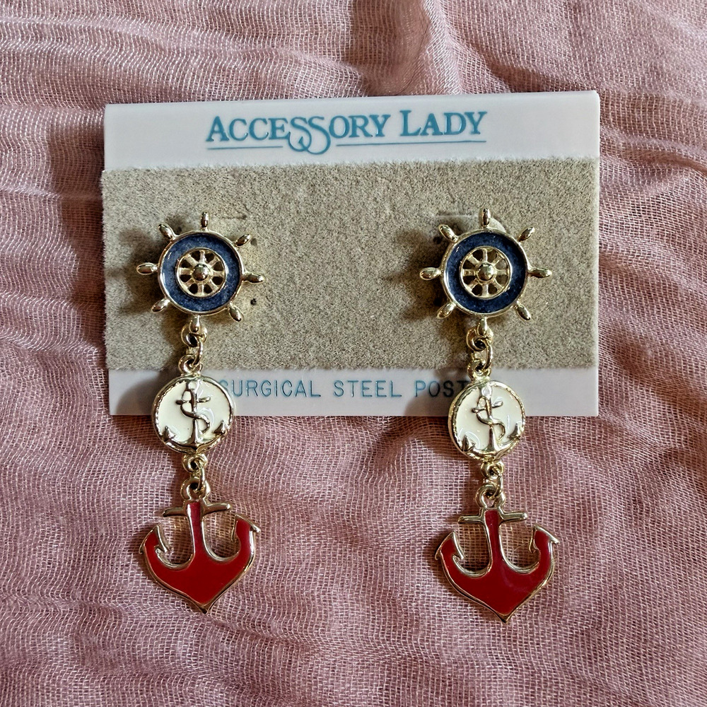 NOS Nautical Anchor Ship Wheel Dangle Earrings Accessory Lady Surgical Steel
